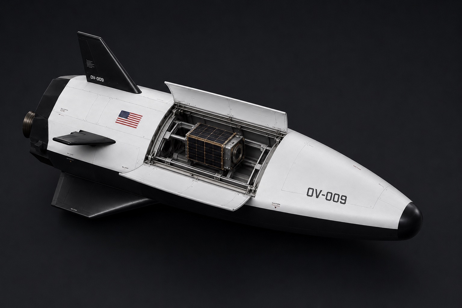 BX-100 with payload bay doors open, satellite secured in the cartridge
